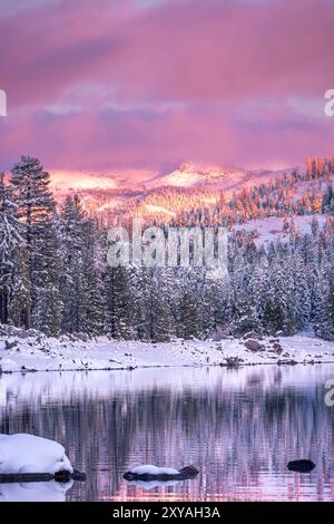 Frischer Schnee unter einem rosafarbenen Sonnenuntergang bedeckt das Ice House Reservoir im El Dorado County, Kalifornien. Stockfoto