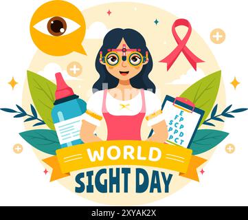 World Sight Day Vector Illustration für 10 Oktober, mit Sehinspektion, Blindheit und Sehbehinderung in einem flachen Stil Cartoon Hintergrund Stock Vektor