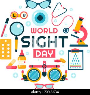 World Sight Day Vector Illustration für 10 Oktober, mit Sehinspektion, Blindheit und Sehbehinderung in einem flachen Stil Cartoon Hintergrund Stock Vektor