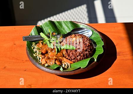 Nasi-Pecel mit braunem oder rotem Reis auf der Tonplatte. Nasi Pecel, gedämpftes Gemüse, Reis mit Erdnusssauce mischen. Stockfoto