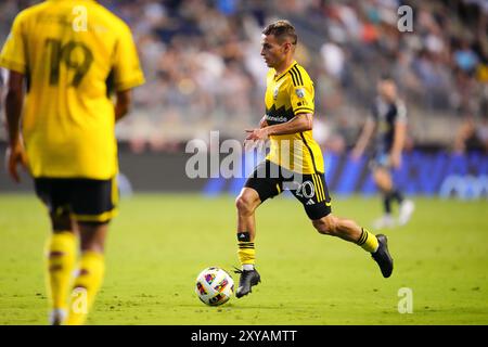 28. August 2024: Der Mittelfeldspieler Alexandru Matan (20) der Columbus Crew kontrolliert den Ball während der zweiten Hälfte eines MLS-Spiels gegen die Philadelphia Union im Subaru Park in Chester, Pennsylvania. Kyle Rodden/CSM Stockfoto