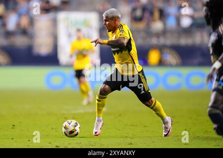 28. August 2024: Cucho Hernandez (9) kontrolliert den Ball während der zweiten Hälfte eines MLS-Spiels gegen die Philadelphia Union im Subaru Park in Chester, Pennsylvania. Kyle Rodden/CSM Stockfoto