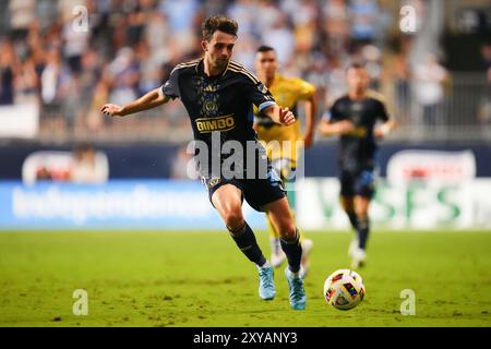 28. August 2024: Philadelphia Union Mittelfeldspieler Leon flach (31) kontrolliert den Ball während der ersten Hälfte eines MLS-Spiels gegen die Columbus Crew im Subaru Park in Chester, Pennsylvania. Kyle Rodden/CSM Stockfoto