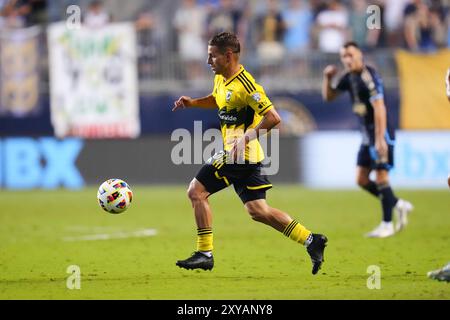 28. August 2024: Columbus Crew Mittelfeldspieler Alexandru Matan (20) während der zweiten Hälfte eines MLS-Spiels gegen die Philadelphia Union im Subaru Park in Chester, Pennsylvania. Kyle Rodden/CSM Stockfoto