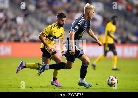 28. August 2024: Der Philadelphia Union Defender Jakob Glesnes (5) kontrolliert den Ball während der zweiten Hälfte eines MLS-Spiels gegen die Columbus Crew im Subaru Park in Chester, Pennsylvania. Kyle Rodden/CSM Stockfoto