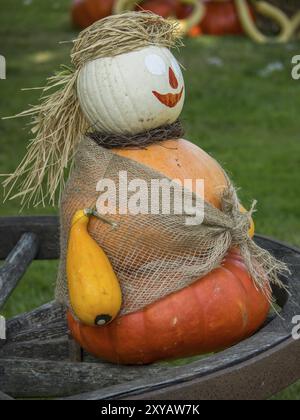 Eine Vogelscheuche aus Kürbissen und Raffia mit lächelndem Gesicht steht im Garten, borken, münsterland, Deutschland, Europa Stockfoto