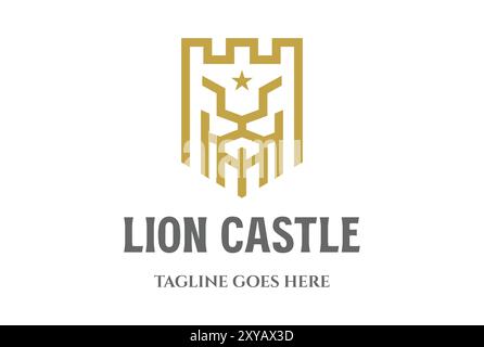 Heraldisch Geometrisches Goldenes Löwenkönig Schloss Schild-Logo-Design Stock Vektor