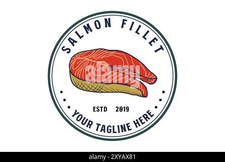 Kreisförmiges Vintage Lachsfischfleisch-Steak-Logo für Sushi Restaurant oder Produktetikett Stock Vektor