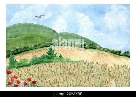 Weizenfelder mit Buschrand, Drachen, Hügel, blauer Himmel mit einigen Wolken und Mohnblumen Aquarellkarte. Handgemalte Natur, Landschaftsdesign Stockfoto