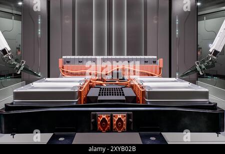 Fahrzeugbatterie-Montagekonzept Automotive.3d-Rendering. Stockfoto