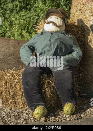 Eine Strohpuppe in grüner Jacke sitzt als dekorative Gartenfigur auf Heuballen, borken, münsterland, Deutschland, Europa Stockfoto