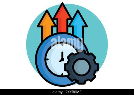 Effektives farbiges Umrisssymbol. Uhr mit Gang und Aufwärtspfeil. Symbol für Effizienz. Vektorillustration für Produktivitätselemente Stock Vektor