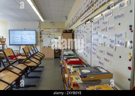 Klassenzimmer der vierten Klasse, nach der Schule ist das Gebäude älter, aber in gutem Zustand, moderne Lehrmaterialien, interaktives, digitales Whiteboard Stockfoto