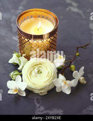 Festliche Einladung Karte mit schönen Blumen und Kerzen auf dem dunklen Hintergrund Stockfoto