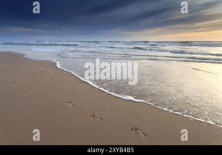 Fußabdrücke am Sandstrand bei Sonnenuntergang, Zandvoort aan Zee, Nordholland, Niederlande Stockfoto