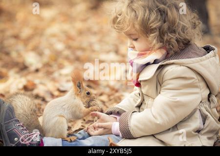 Glückliches Kind füttert ein kleines Eichhörnchen im Herbstpark Stockfoto