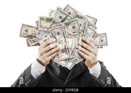 Business Success Concept, Geschäftsmann in schwarzem Anzug, der Geld in US-Dollar hält Stockfoto