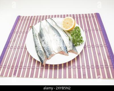 Rohe Makrelenfilets mit einer halben Zitrone und grüner Petersilie auf weißem Teller über violetter Holzplatte Stockfoto