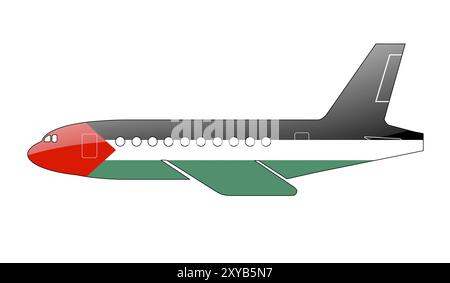 Die palästinensische Flagge auf der Silhouette eines Flugzeugs. Hochglanz-Illustration Stockfoto