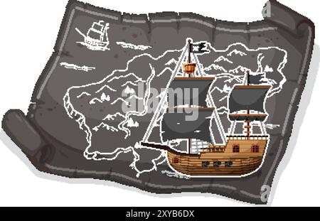 Alte Karte mit einer Abbildung eines Piratenschiffes Stock Vektor