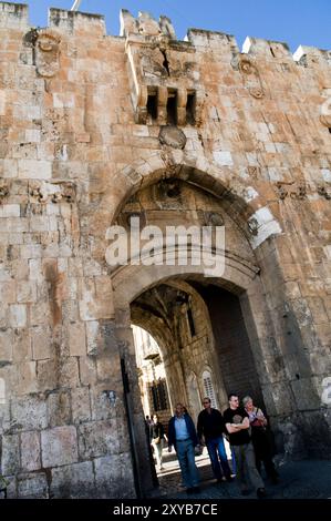 Das Löwentor in der alten Stadtmauer in Jerusalem. Stockfoto