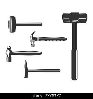 Satz Hammer für Bergbau, Schmied, Schmied, Metallverarbeitung, Reparatur, Zimmermann, Zimmermann und Baumeister-Werkzeuge. Illustrationsvektor. Stock Vektor
