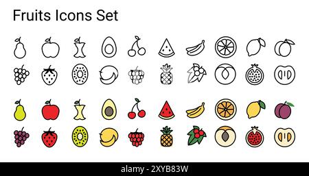 Kontur Frucht Symbole Set, Vektor Illustration Design. Stock Vektor
