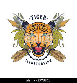 Vintage Jaguar Puma Tiger Leopard Kopf mit tropischem Dschungelblatt für Abenteuer Tattoo oder T Shirt Design Illustration Vektor Stock Vektor