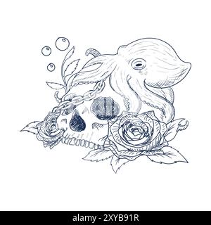 Retro Hand gezeichneter menschlicher Schädel Rose Spüle mit Oktopus und Kette Skizze Tattoo Design Illustration Vektor Stock Vektor