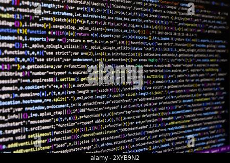 Software-Quellcode. Programmiercode. Programmiercode auf dem Computerbildschirm. Entwickler, die im Büro an Programmcodes arbeiten. Quellcode Stockfoto
