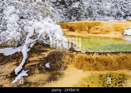 Farbenfroher Teich in Huanglong, Sichuan, China, im Winter, Asien Stockfoto