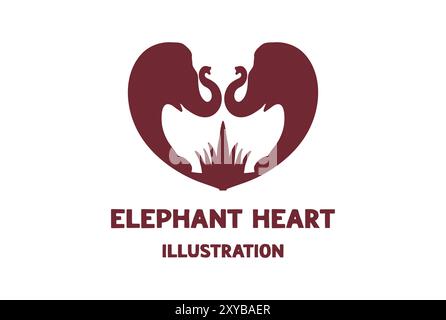 Einfache Vintage Elefant und Gras Love Shape Silhouette Illustration Stock Vektor