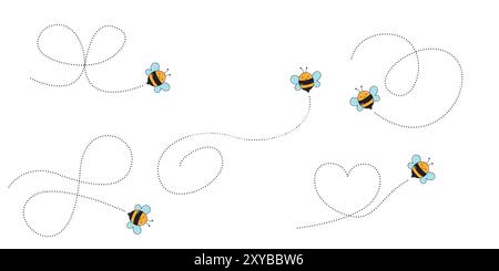 Bienen in Bewegung. Fesselnde gepunktete Linien zeichnen Spiralen, Schleifen und eine Herzform durch den Himmel Stock Vektor