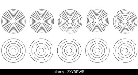 Satz von Symbolen für kreisförmige Welligkeit. Konzentrische Kreise mit unterbrochenen Linien, die auf weißem Hintergrund isoliert sind. Vortex, Sonarwelle, Schallwelle, Sonnenschein, Signalzeichen Stock Vektor