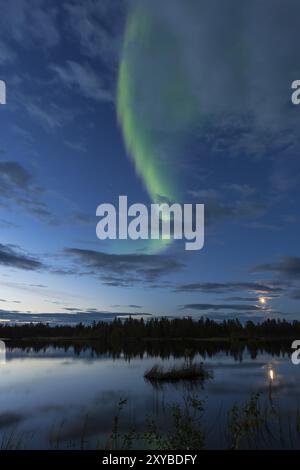 Nordlichter (Aurora borealis) über einem Waldsee, Norrbotten, Lappland, Schweden, August 2013, Europa Stockfoto