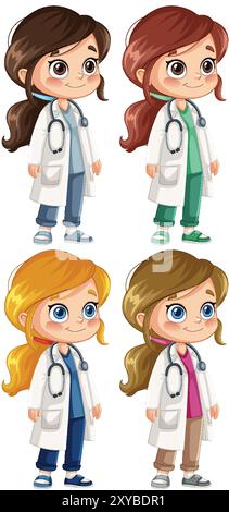 Vier Cartoon-Ärztinnen in verschiedenen Outfits Stock Vektor