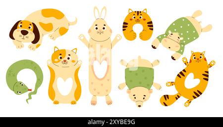 Sammlung von Plüschtierspielzeug für Kinder. Weiche große Anti-Stress-Kuschelkissen - Hund, Kaninchen, Katze, Bär, Nilpferd und Schlangenhals Stock Vektor