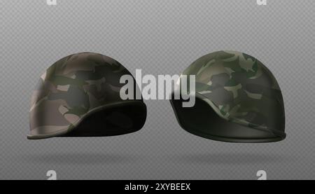 Militärhelm Mockups isoliert auf transparentem Hintergrund. Vektor realistische Illustration der Schutzausrüstung für Armee Soldat Kopf, Sicherheitsausrüstung in Tarnfarben, taktische Kriegsführung Kopfbedeckung Stock Vektor