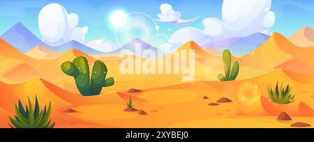 Arabische oder ägyptische Wüstenlandschaft mit Sanddünen, grünen Kakteen und Gras unter blauem sonnigem Himmel. Karikaturvektor Sahara Hintergrund mit trockenen gelben Sandbergen. Afrikanisches Wildnispanorama. Stock Vektor