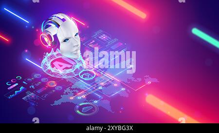 KI-Chat-Bot-Technologiekonzept. Roboter, Chatboter-Kopf hängt über der digitalen Weltkarte. Entwicklung künstlicher Intelligenz-Unterstützungsdienst. KI-Chatbo Stock Vektor