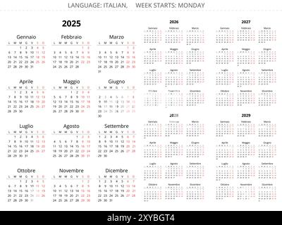 italienische Kalender für 2025, 2026, 2027, 2028, 2029 Jahre. Druckbarer Vektor-Illustrationssatz für Italien Stock Vektor