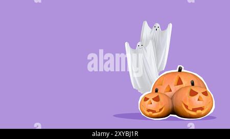 Ein lila Hintergrund mit Halloween-Dekorationen, darunter ein Geist, Kürbisse und ein Skelett. Die Kürbisdekorationen sind so angeordnet, dass sie nicht mehr passen Stockfoto