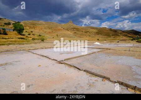 Salzgewinnung aus den Salzminen von Medinaceli, Medinaceli, Soria, autonome Gemeinde Castilla y León, Spanien, Europa Stockfoto