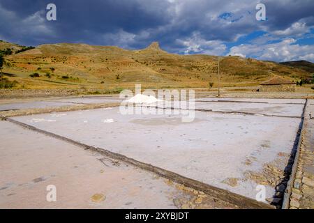 Salzgewinnung aus den Salzminen von Medinaceli, Medinaceli, Soria, autonome Gemeinde Castilla y León, Spanien, Europa Stockfoto