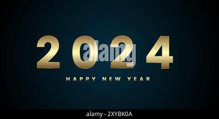 Happy New Year 2024 Konzepte für Feiern Banner, goldene Bänder auf verlaufendem blauem Hintergrund mit Grußposter isoliert über schwarzem Hintergrund Stock Vektor