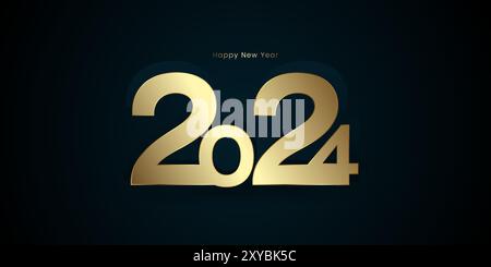 Happy New Year 2024 Konzepte für Feiern Banner, goldene Bänder auf verlaufendem blauem Hintergrund mit Grußposter isoliert über schwarzem Hintergrund Stock Vektor