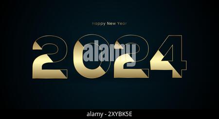 Happy New Year 2024 Konzepte für Feiern Banner, goldene Bänder auf verlaufendem blauem Hintergrund mit Grußposter isoliert über schwarzem Hintergrund Stock Vektor