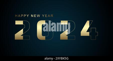 Happy New Year 2024 Konzepte für Feiern Banner, goldene Bänder auf verlaufendem blauem Hintergrund mit Grußposter isoliert über schwarzem Hintergrund Stock Vektor