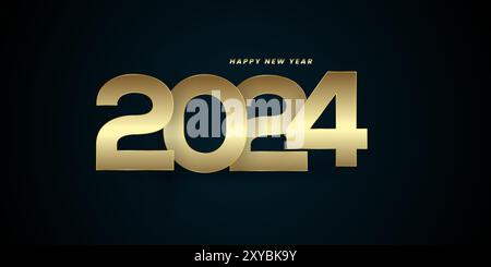 Happy New Year 2024 Konzepte für Feiern Banner, goldene Bänder auf verlaufendem blauem Hintergrund mit Grußposter isoliert über schwarzem Hintergrund Stock Vektor