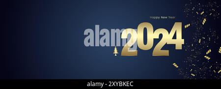 Happy New Year 2024 Konzepte für Feiern Banner, goldene Bänder auf verlaufendem blauem Hintergrund mit Grußposter isoliert über schwarzem Hintergrund Stock Vektor